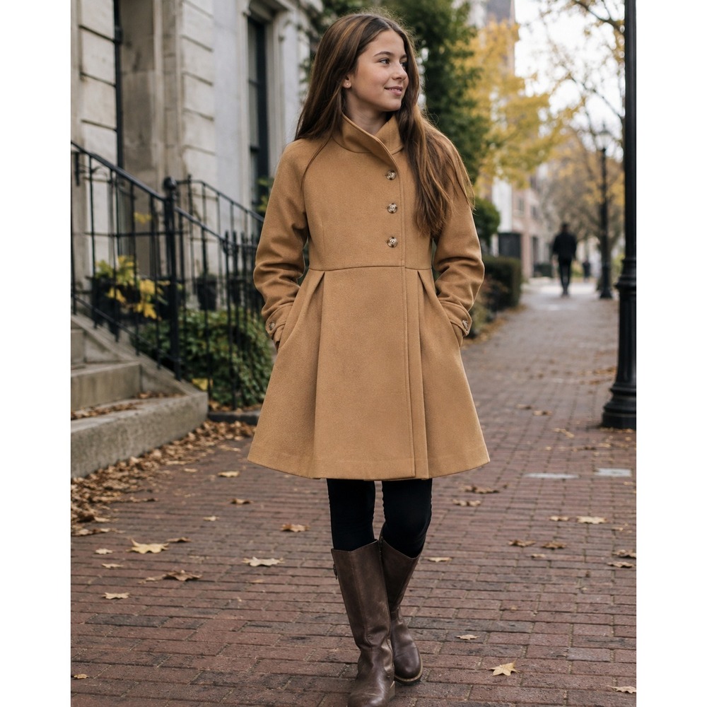 Grace Karin Camel Fit Flare Princess High Collar Pea Coat 12Y Preppy Fall Winter
